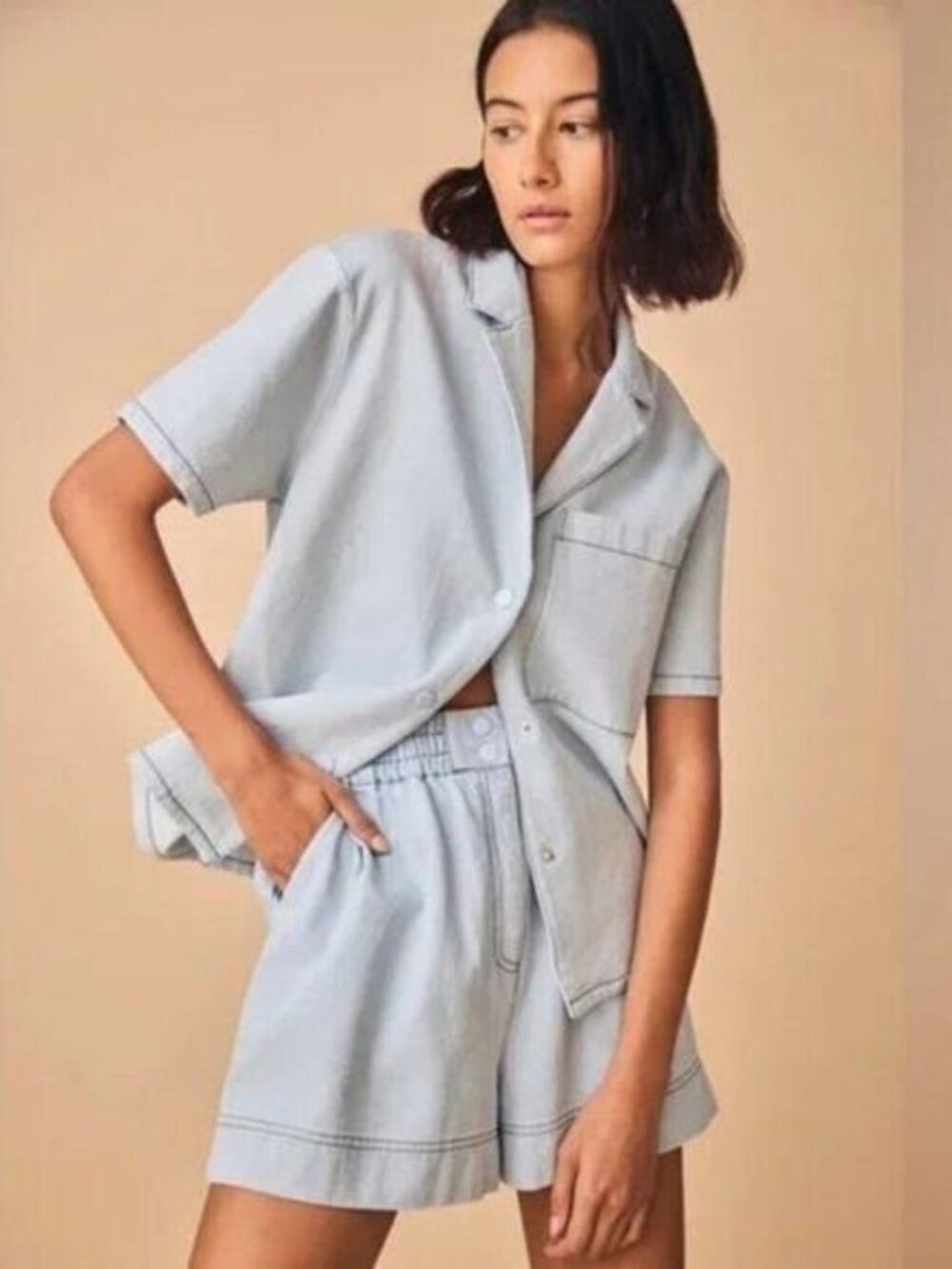 HUNTER BELL Sz Extra Small Light Denim Aspen Shorts Elastic Waist High Rise